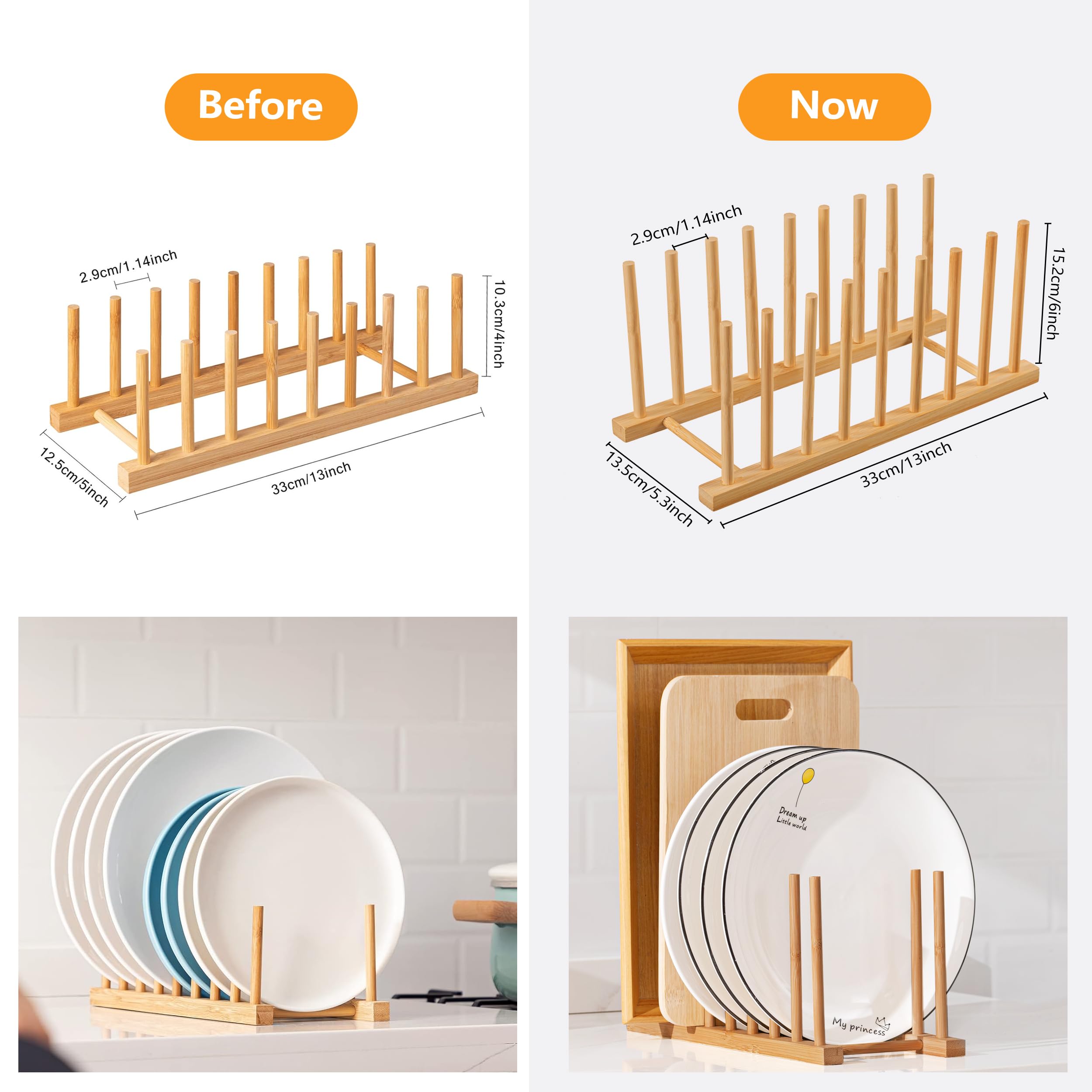 HBlife Heighten and Widen Bamboo Dish Drying Rack Plate Bowl Cup Book Pot Lid Cutting Board Stand Drainer Storage Holder Organizer for Kitchen Cabinet