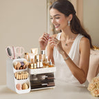 HBlife Makeup Organizer with Brush Holder for Vanity, Large Plastic Bathroom Countertop Organizer Skin Care Storage, Easy to Store Lipsticks, Nail Polishes, Perfumes, Eyeshadow Palettes, All Beige