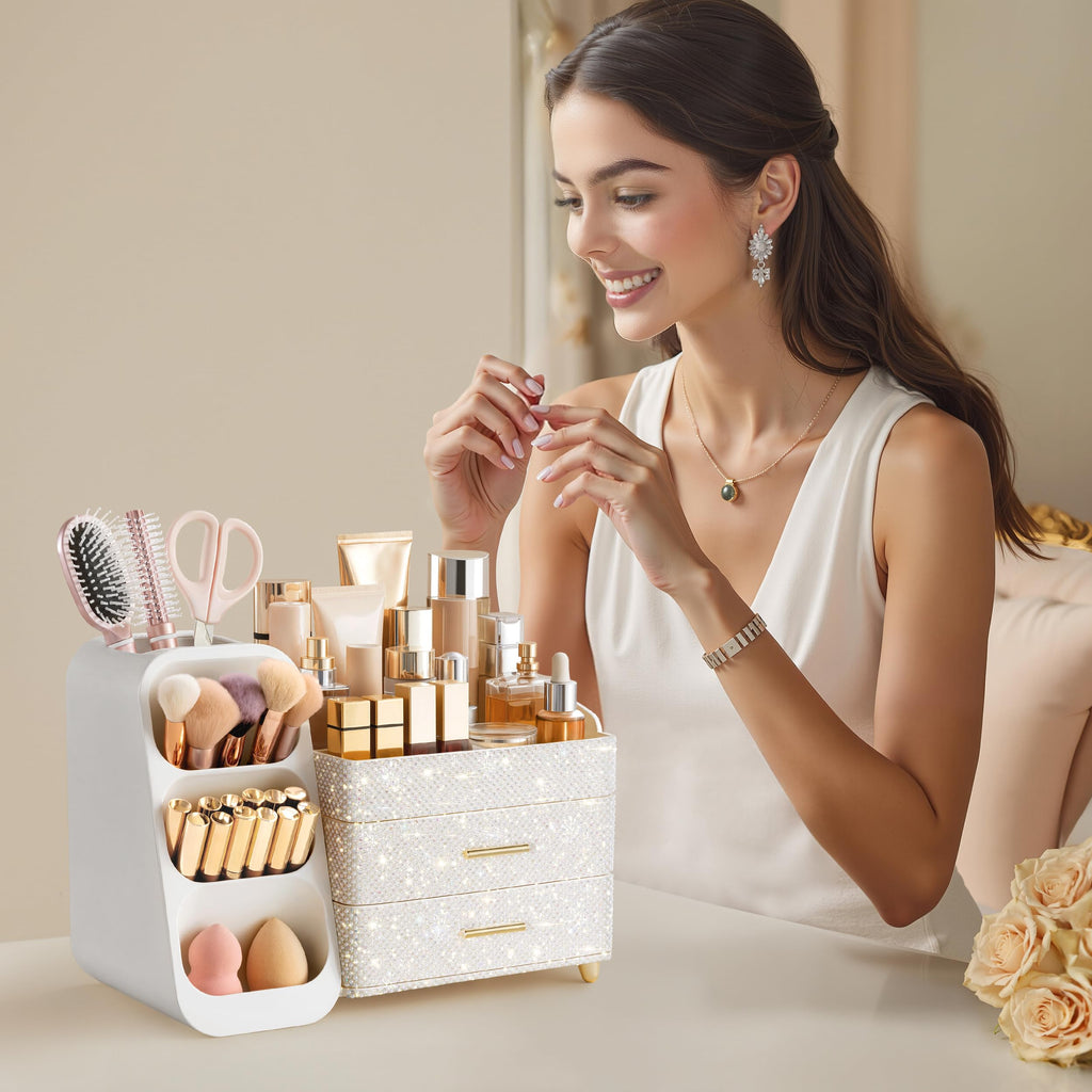 HBlife Makeup Organizer with Brush Holder for Vanity, Large Plastic Bathroom Countertop Organizer Skin Care Storage, Easy to Store Lipsticks, Nail Polishes, Perfumes, Eyeshadow Palettes, All Beige