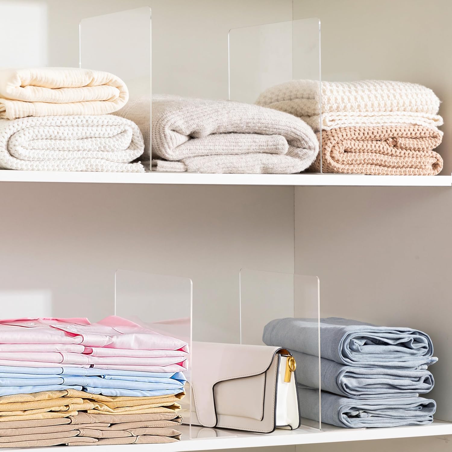 HBlife Acrylic Shelf Dividers for Closet Organization, 12 Pack Clear Sturdy Separate Closet Dividers for Shelves, Adjustable Purse Organizer for Sweater, Shirts, Handbags, Books in Bedroom and Kitchen