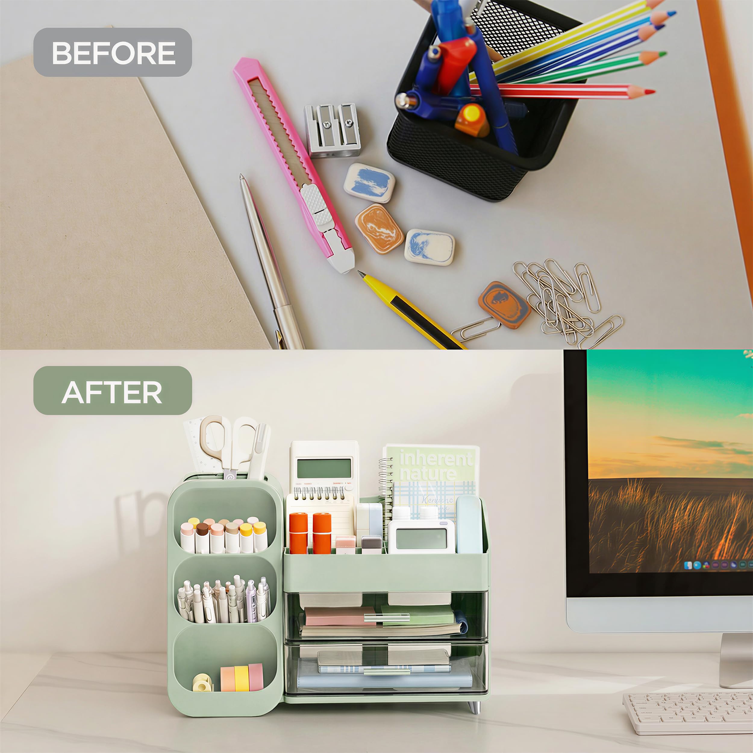 HBlife Desk Organizer with Pen Pencil Holder for Desk, Pen Organizer with 2 Drawers, Desk Organizers and Accessories with 4 Compartments, Desktop Storage for Office Home School Art Supplies, Beige