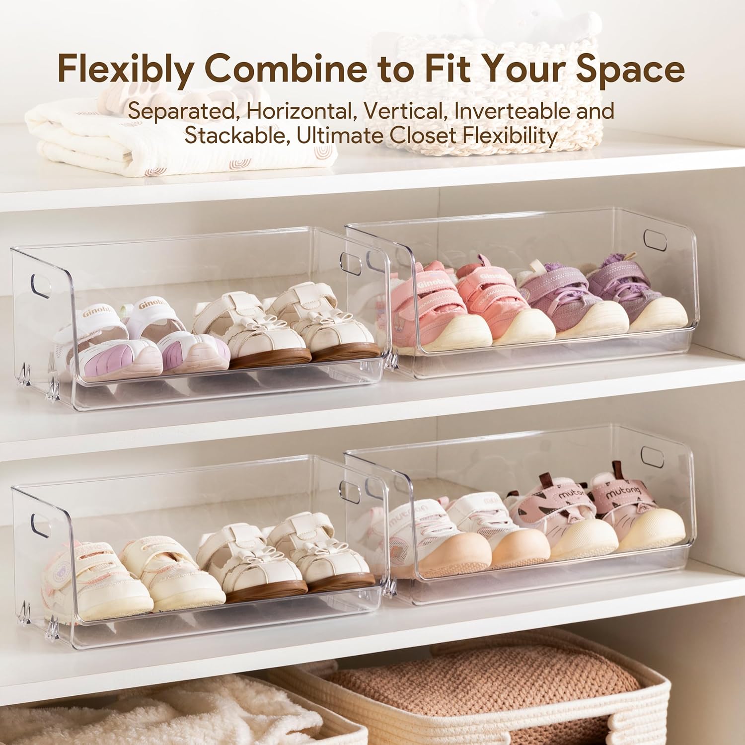 HBlife Clear Acrylic Kids Shoe Rack Baby Toddler Shoe Storage Organizer for Closet Floor Entryway Bedroom, 2 Tier Stackable Small Shoe Rack Shelf Display Stand