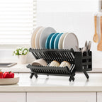 HBlife Dish Rack, Bamboo Folding 2-Tier Collapsible Drainer Dish Drying Rack with Utensils Flatware Holder Set (Dish Rack with Utensil Holder)