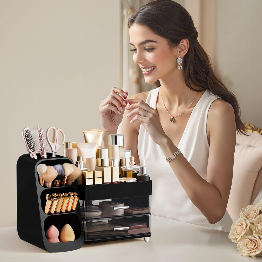 HBlife Makeup Organizer with Brush Holder for Vanity, Large Plastic Bathroom Countertop Organizer Skin Care Storage, Easy to Store Lipsticks, Nail Polishes, Perfumes, Eyeshadow Palettes, All Beige