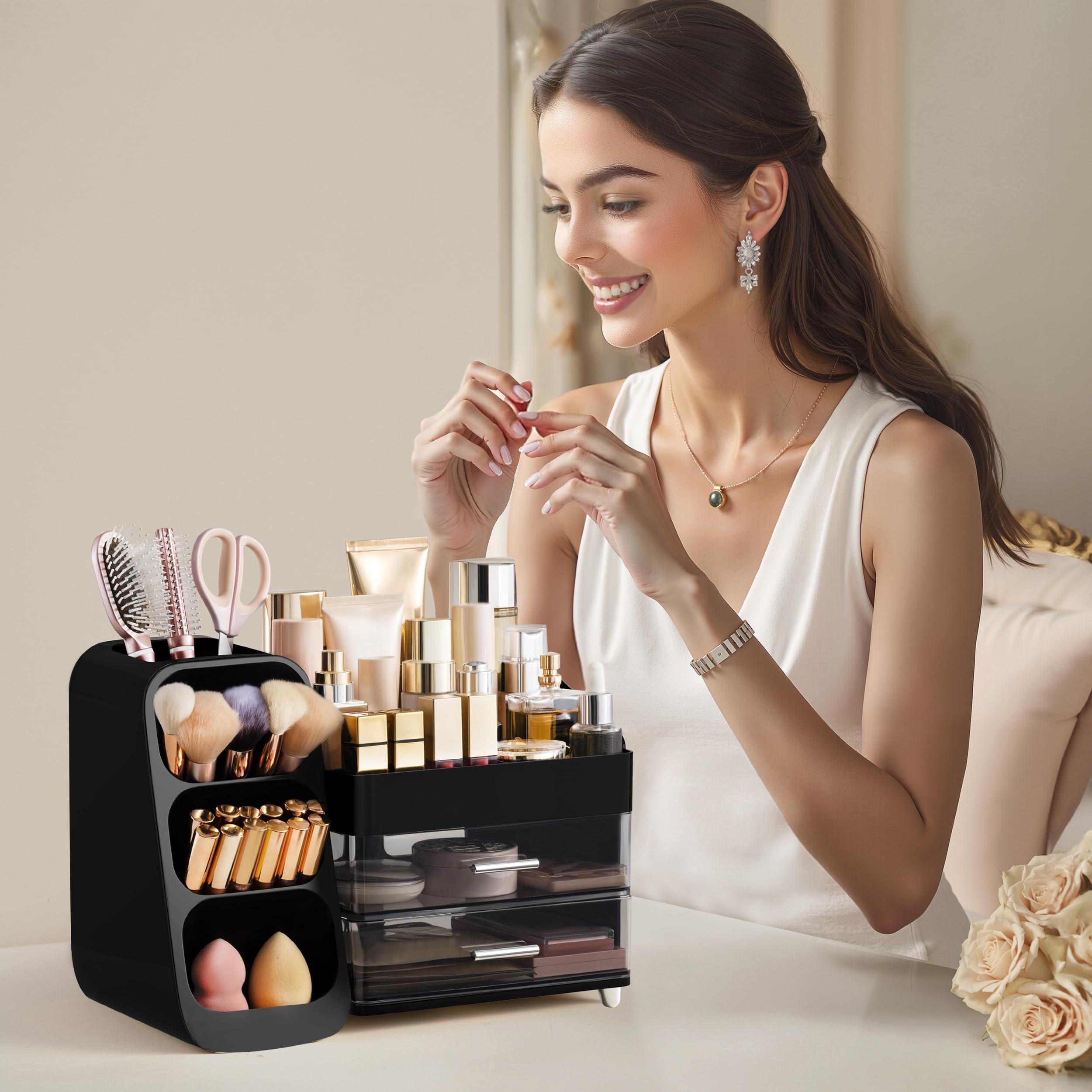 HBlife Makeup Organizer with Brush Holder for Vanity, Large Plastic Bathroom Countertop Organizer Skin Care Storage, Easy to Store Lipsticks, Nail Polishes, Perfumes, Eyeshadow Palettes, All Beige