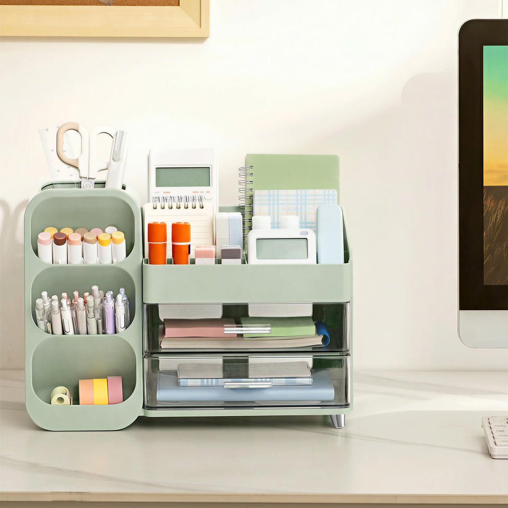 HBlife Desk Organizer with Pen Pencil Holder for Desk, Pen Organizer with 2 Drawers, Desk Organizers and Accessories with 4 Compartments, Desktop Storage for Office Home School Art Supplies, Beige