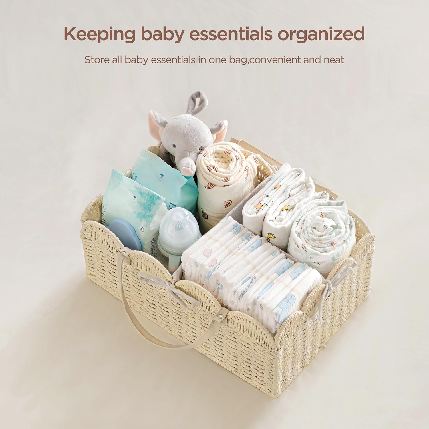 HBlife Large Baby Diaper Caddy, Paper Rope Storage Baskets Nursery Bin with Removable Divider, Portable Car Organizer for Diapers, Baby Shower Gifts, Newborn Essentials Must Haves