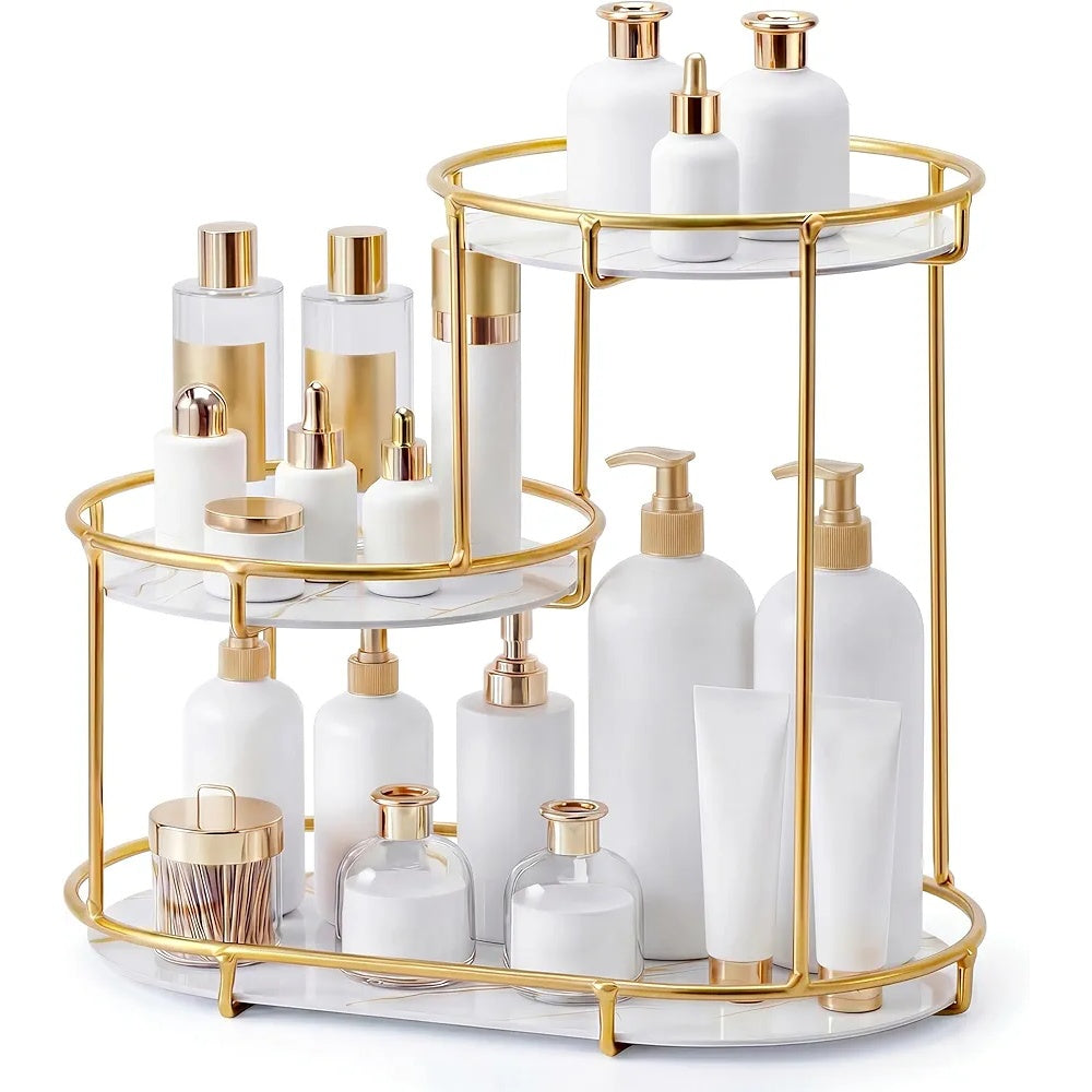 HBlife Makeup Organizer for Vanity, 3 Tier Metal Bathroom Countertop Organizers Skin Care Storage, Bathroom Counter Shelf Skincare Holder Perfume Cosmetic Display, Gold