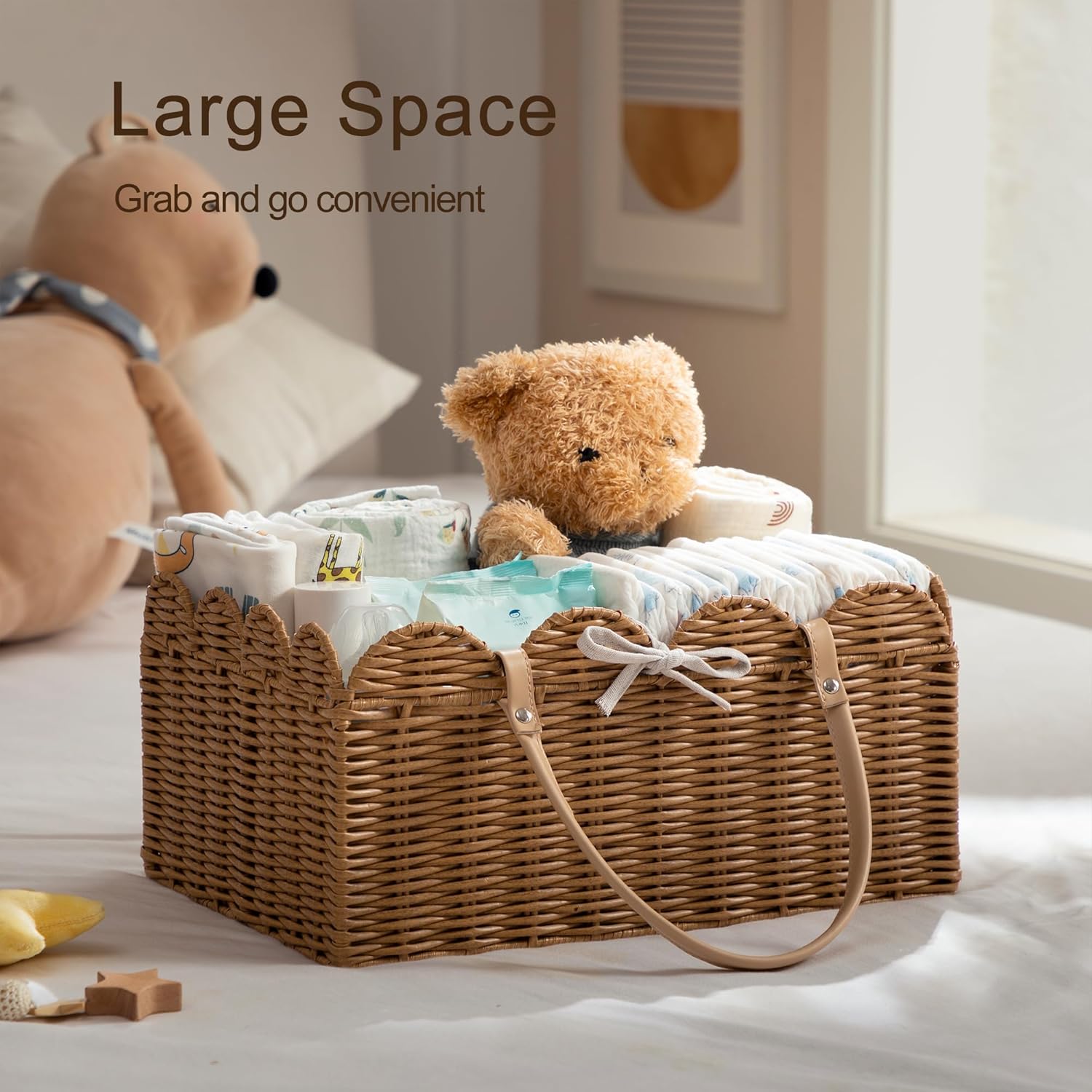 HBlife Baby Diaper Caddy Organizer, Large Portable Scalloped Plastic Wicker Woven Basket with Divider, Nursery Diaper Station, Baby Shower Gifts Basket, Car Organizer, Washable Waterproof