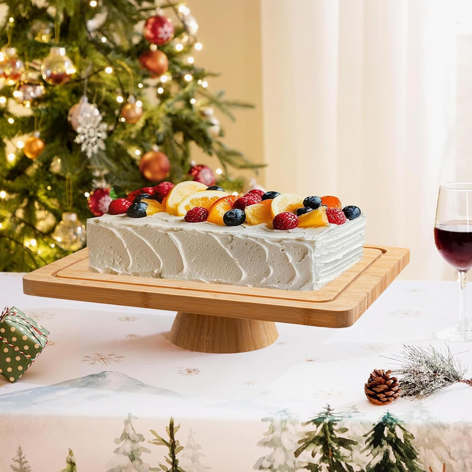 HBlife Cake Stand with Lid (16.5"), Multifunctional Cake Stand with Acrylic Dome, Rectangular Bamboo 2-in-1 Cake Plate Display Stand with Cover for Baking Gifts, Birthday Kitchen Parties, Weddings