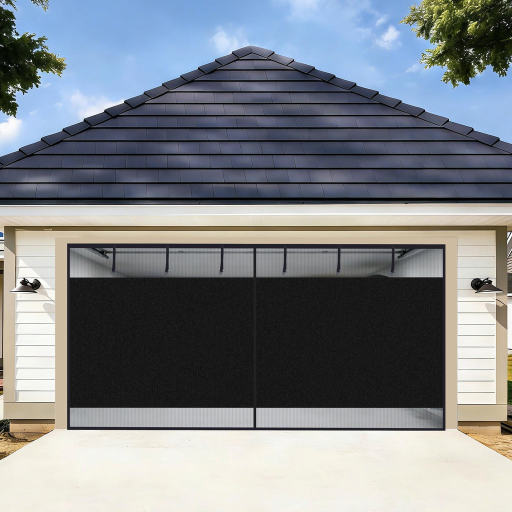 HBlife Privacy Garage Door Screen Blackout for 1 Car Garage, 8x7FT Heavy Duty Magnetic Garage Screen Door Mesh, Hands Free Retractable Garage Net Screen with 6 Roll Up Starps and 26 Magnets, Black