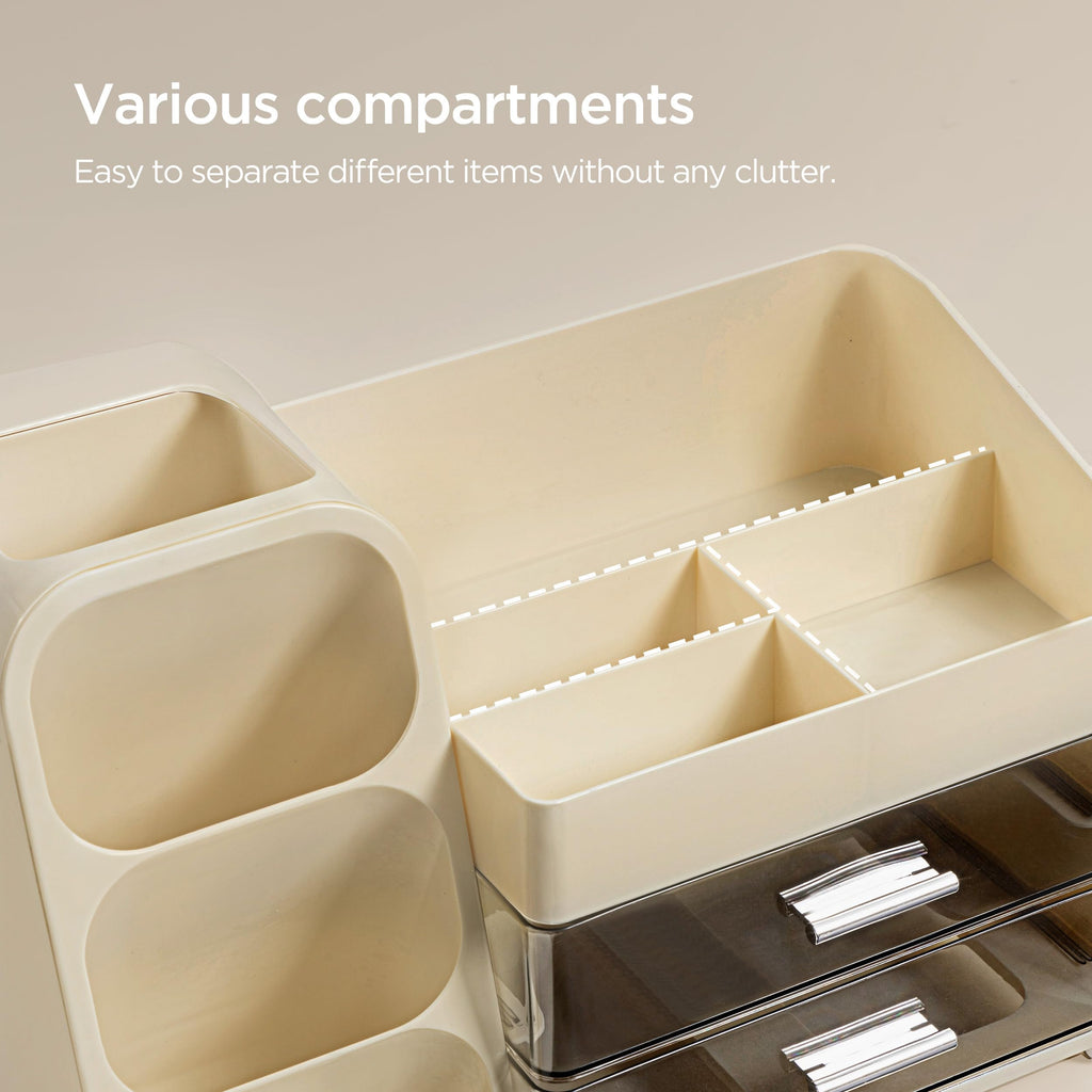 HBlife Desk Organizer with Pen Pencil Holder for Desk, Pen Organizer with 2 Drawers, Desk Organizers and Accessories with 4 Compartments, Desktop Storage for Office Home School Art Supplies, Beige