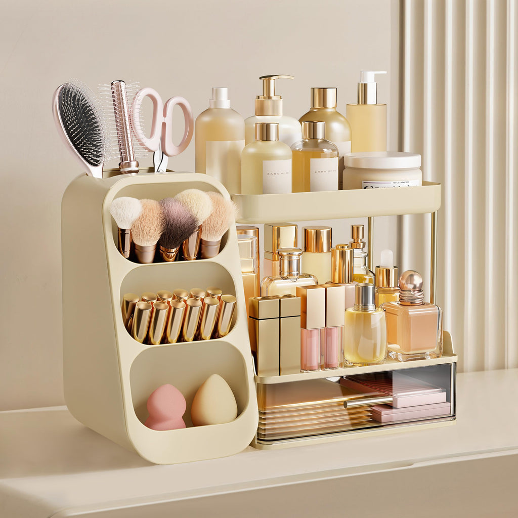 HBlife Makeup Organizer with Brush Holder for Vanity, Large Plastic Bathroom Countertop Organizer Skin Care Storage, Easy to Store Lipsticks, Nail Polishes, Perfumes, Eyeshadow Palettes, All Beige