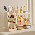 HBlife Makeup Organizer with Brush Holder for Vanity, Large Plastic Bathroom Countertop Organizer Skin Care Storage, Easy to Store Lipsticks, Nail Polishes, Perfumes, Eyeshadow Palettes, All Beige