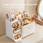 HBlife Makeup Organizer with Brush Holder for Vanity, Large Plastic Bathroom Countertop Organizer Skin Care Storage, Easy to Store Lipsticks, Nail Polishes, Perfumes, Eyeshadow Palettes, All Beige