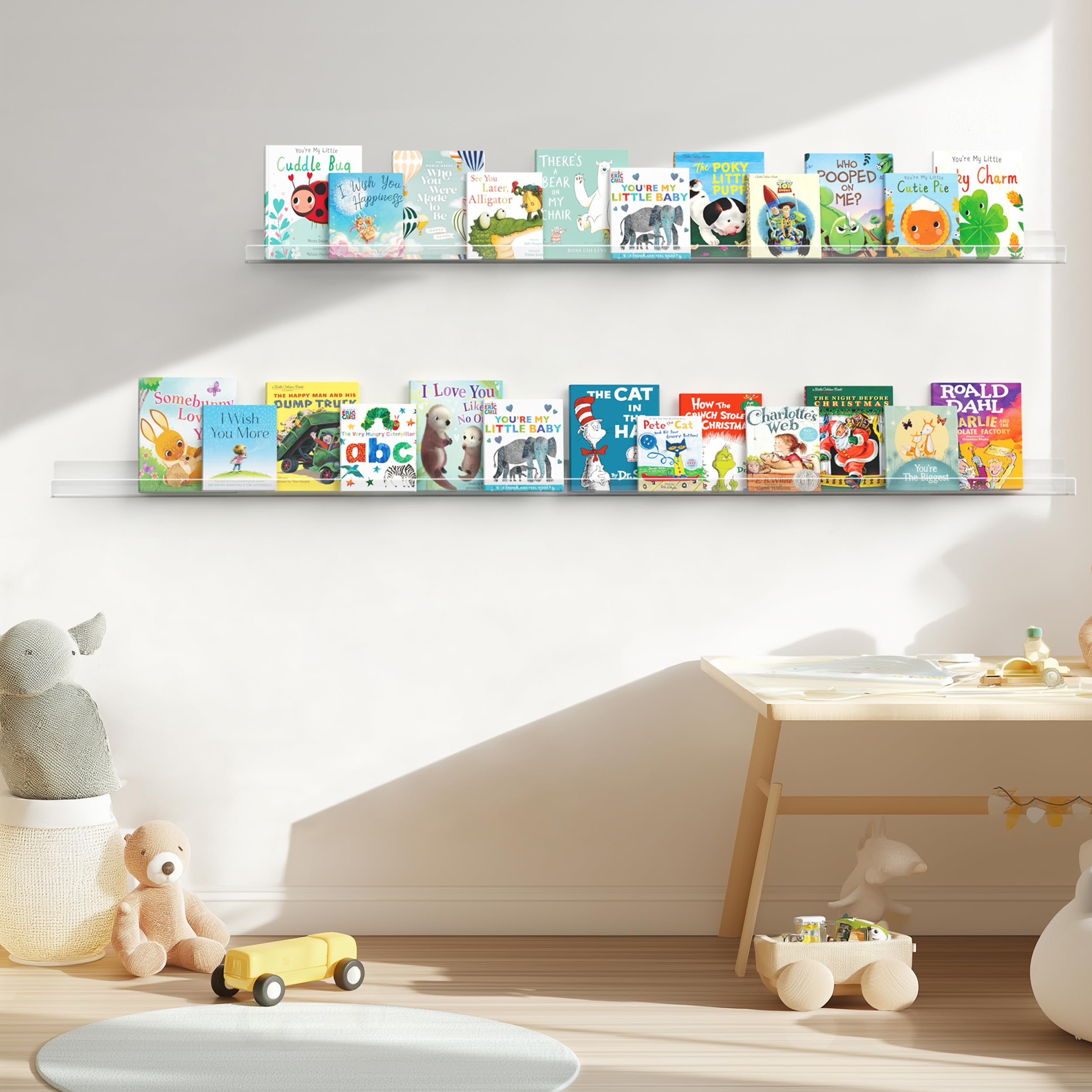 HBlife 24 Inches Floating Shelves Wall Mounted Clear Acrylic Shelves for Figures, 16 Inch Stud Spacing Invisible Floating Bookshelf for Kids and Nursery, 2 Pack (5MM Thick)