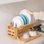 HBlife Dish Rack, Bamboo Folding 2-Tier Collapsible Drainer Dish Drying Rack with Utensils Flatware Holder Set (Dish Rack with Utensil Holder)