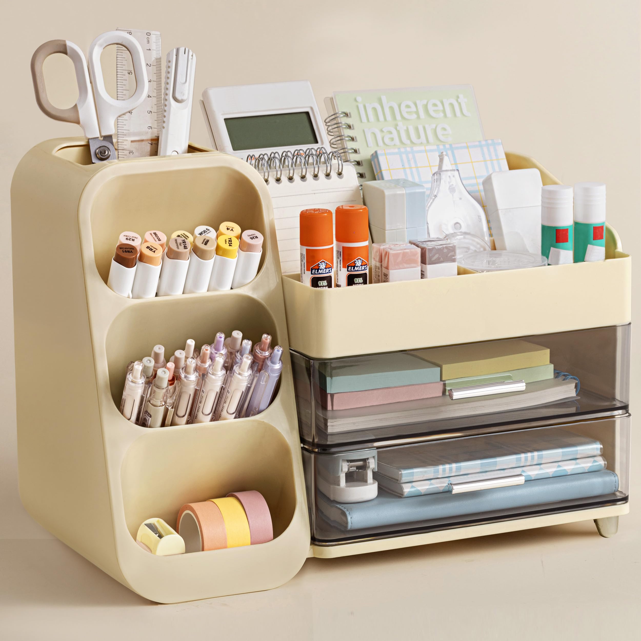 HBlife Desk Organizer with Pen Pencil Holder for Desk, Pen Organizer with 2 Drawers, Desk Organizers and Accessories with 4 Compartments, Desktop Storage for Office Home School Art Supplies, Beige