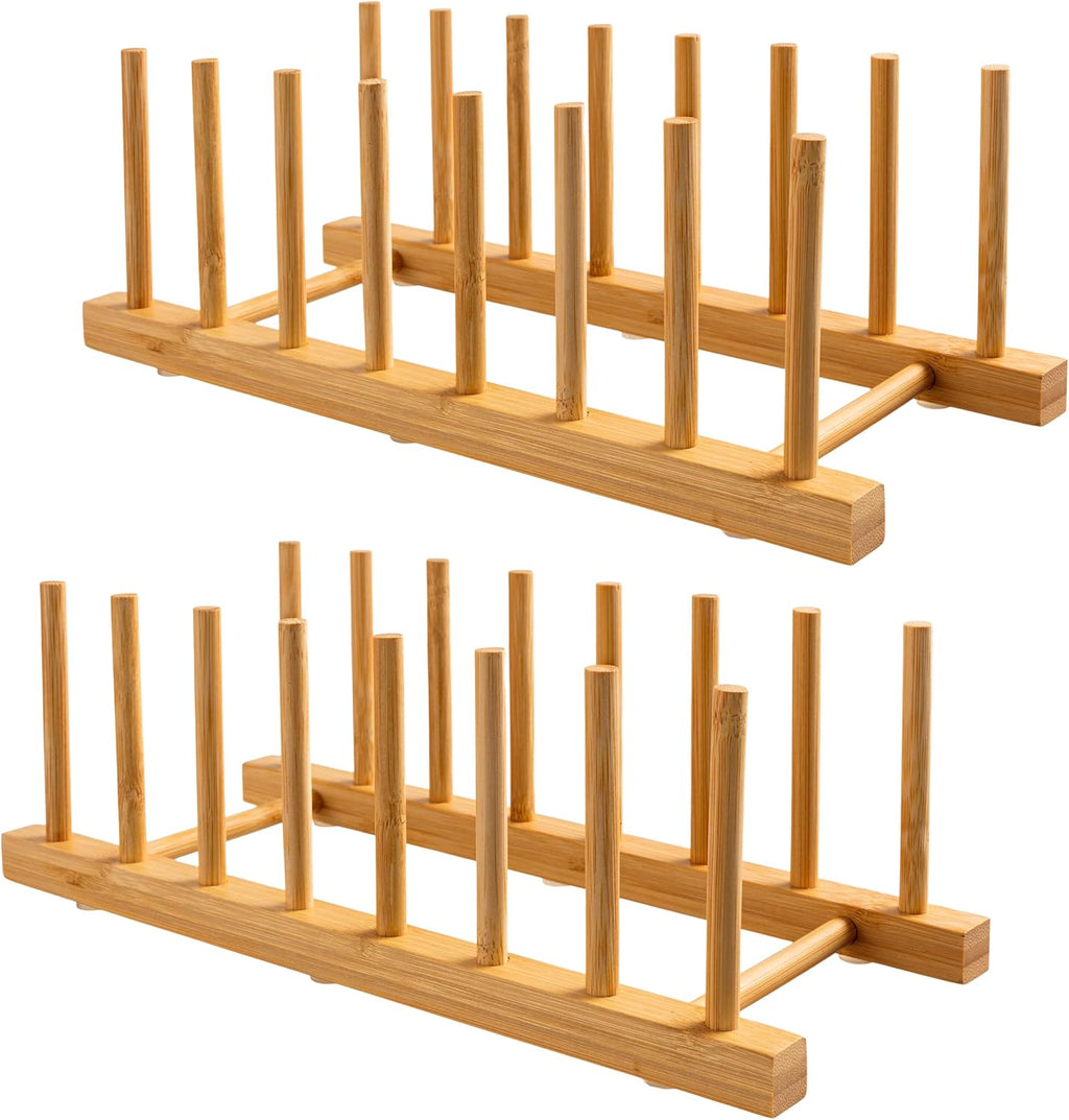 HBlife 2-Pack Bamboo Wooden Dish Rack Holder Space-Saving Vertical Organizer for Plates, Cups, Pots, Lids, Bowls & Cutting Boards Kitchen Cabinet & Counter Storage