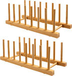 HBlife 2-Pack Bamboo Wooden Dish Rack Holder Space-Saving Vertical Organizer for Plates, Cups, Pots, Lids, Bowls & Cutting Boards Kitchen Cabinet & Counter Storage