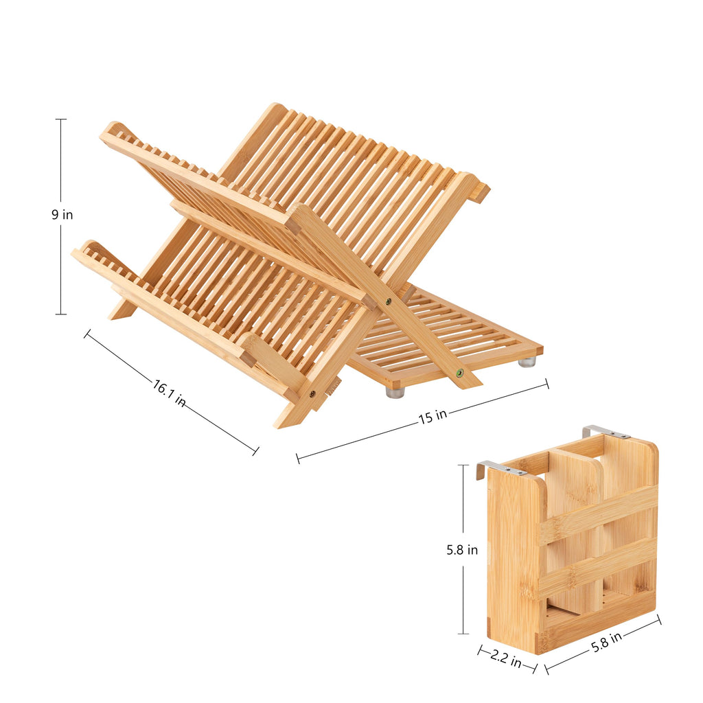 HBlife Dish Rack, Bamboo Folding 2-Tier Collapsible Drainer Dish Drying Rack with Utensils Flatware Holder Set (Dish Rack with Utensil Holder)