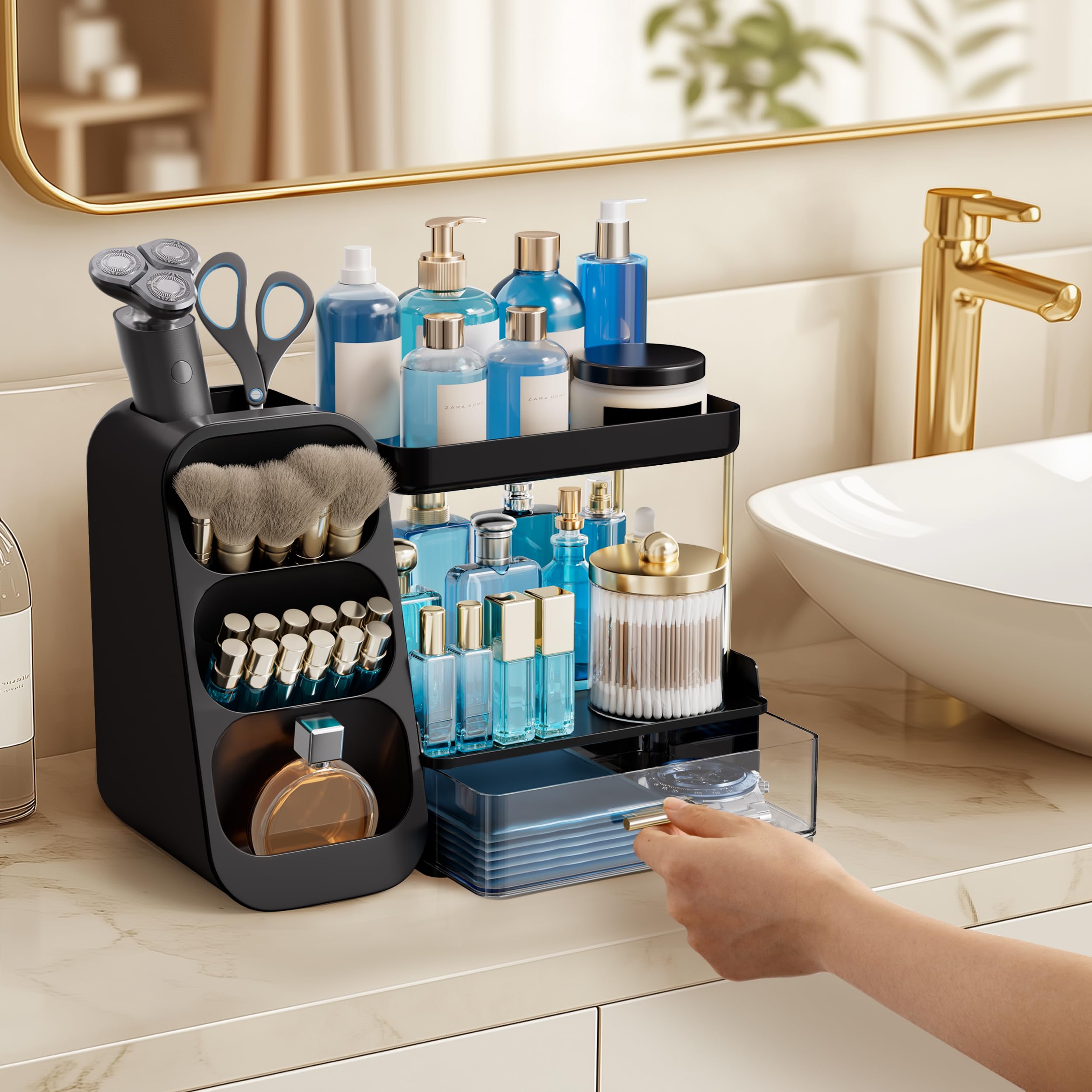 HBlife Makeup Organizer with Brush Holder for Vanity, Large Plastic Bathroom Countertop Organizer Skin Care Storage, Easy to Store Lipsticks, Nail Polishes, Perfumes, Eyeshadow Palettes, All Beige