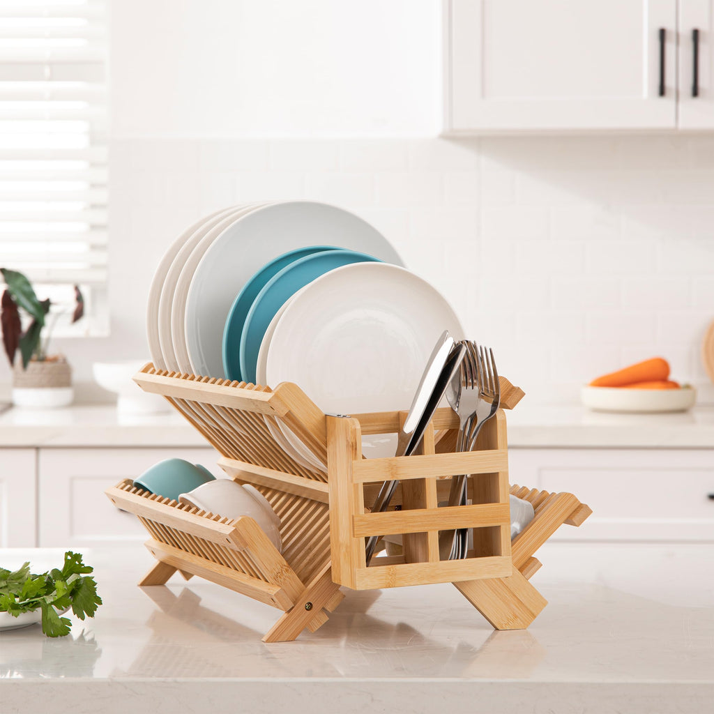 HBlife Dish Rack, Bamboo Folding 2-Tier Collapsible Drainer Dish Drying Rack with Utensils Flatware Holder Set (Dish Rack with Utensil Holder)