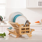 HBlife Dish Rack, Bamboo Folding 2-Tier Collapsible Drainer Dish Drying Rack with Utensils Flatware Holder Set (Dish Rack with Utensil Holder)