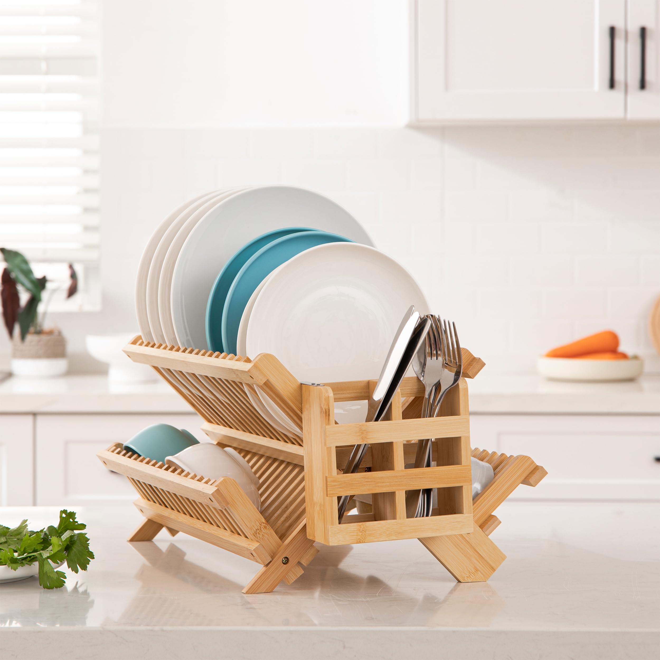 HBlife Dish Rack, Bamboo Folding 2-Tier Collapsible Drainer Dish Drying Rack with Utensils Flatware Holder Set (Dish Rack with Utensil Holder)