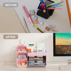 HBlife Desk Organizer with Pen Pencil Holder for Desk, Pen Organizer with 2 Drawers, Desk Organizers and Accessories with 4 Compartments, Desktop Storage for Office Home School Art Supplies, Beige