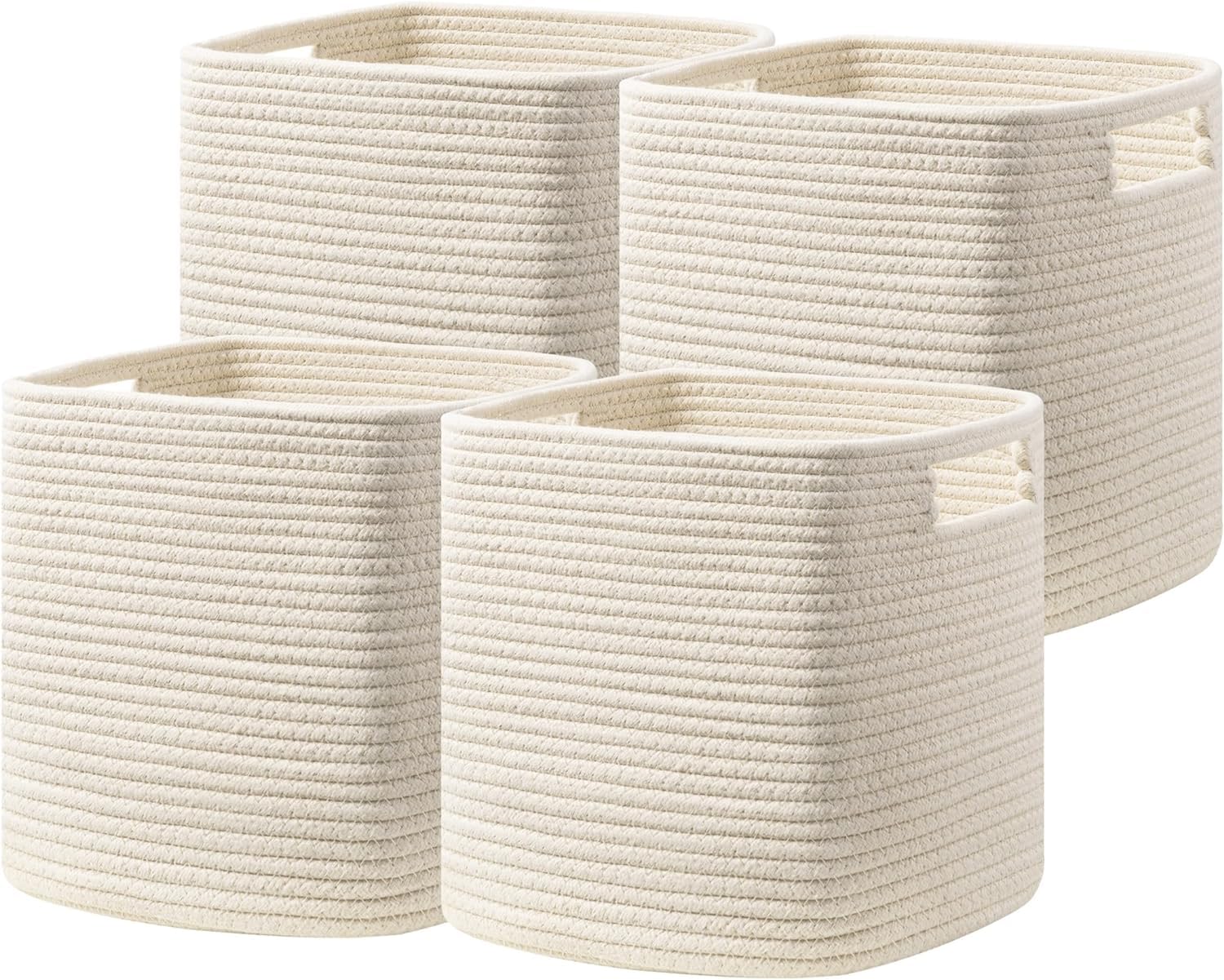 HBlife Set of 4 Storage Cubes-11 X 10.5 X 10.5 In, Cotton Rope Basket for Shelves, Toys, Book, Cube Storage Bin with Handles, Woven Storage Basket for Organizing, Beige