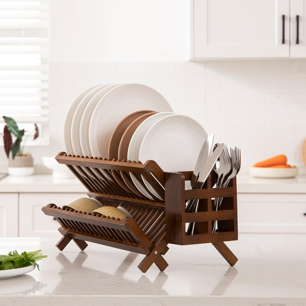 HBlife Dish Rack, Bamboo Folding 2-Tier Collapsible Drainer Dish Drying Rack with Utensils Flatware Holder Set (Dish Rack with Utensil Holder)