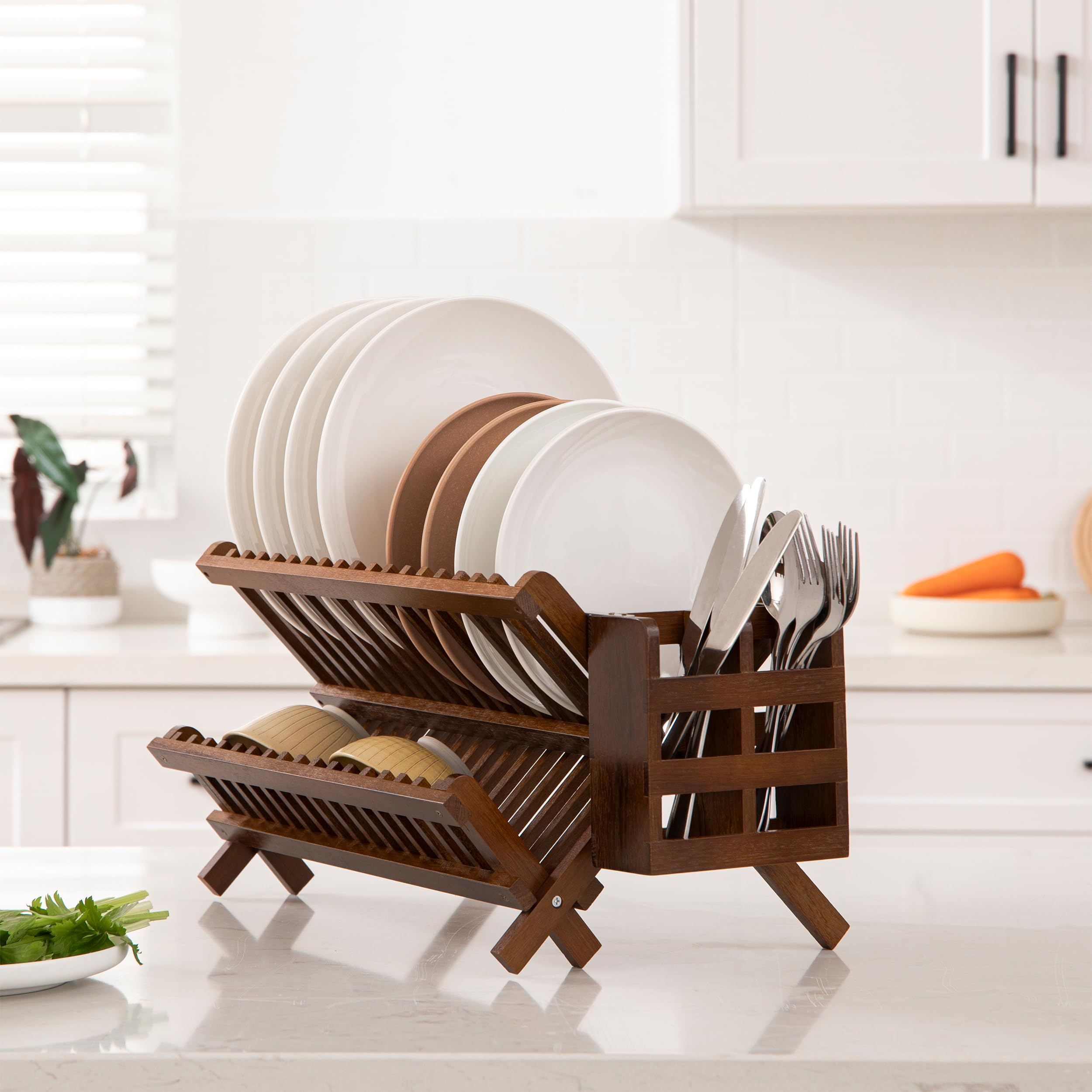 HBlife Dish Rack, Bamboo Folding 2-Tier Collapsible Drainer Dish Drying Rack with Utensils Flatware Holder Set (Dish Rack with Utensil Holder)