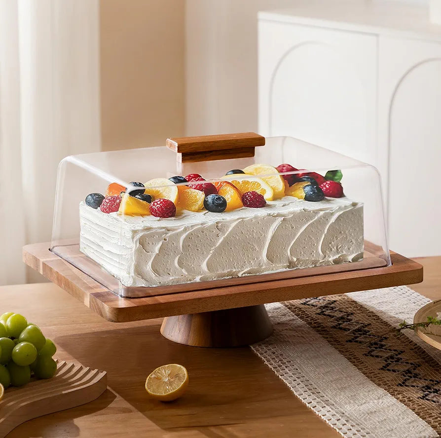 HBlife Cake Stand with Lid , Multifunctional Cake Stand with Acrylic Dome Rectangular Acacia Wood 2-in-1 Cake Plate Display Stand with Cover for Baking Gifts, Birthday Kitchen Parties, Weddings