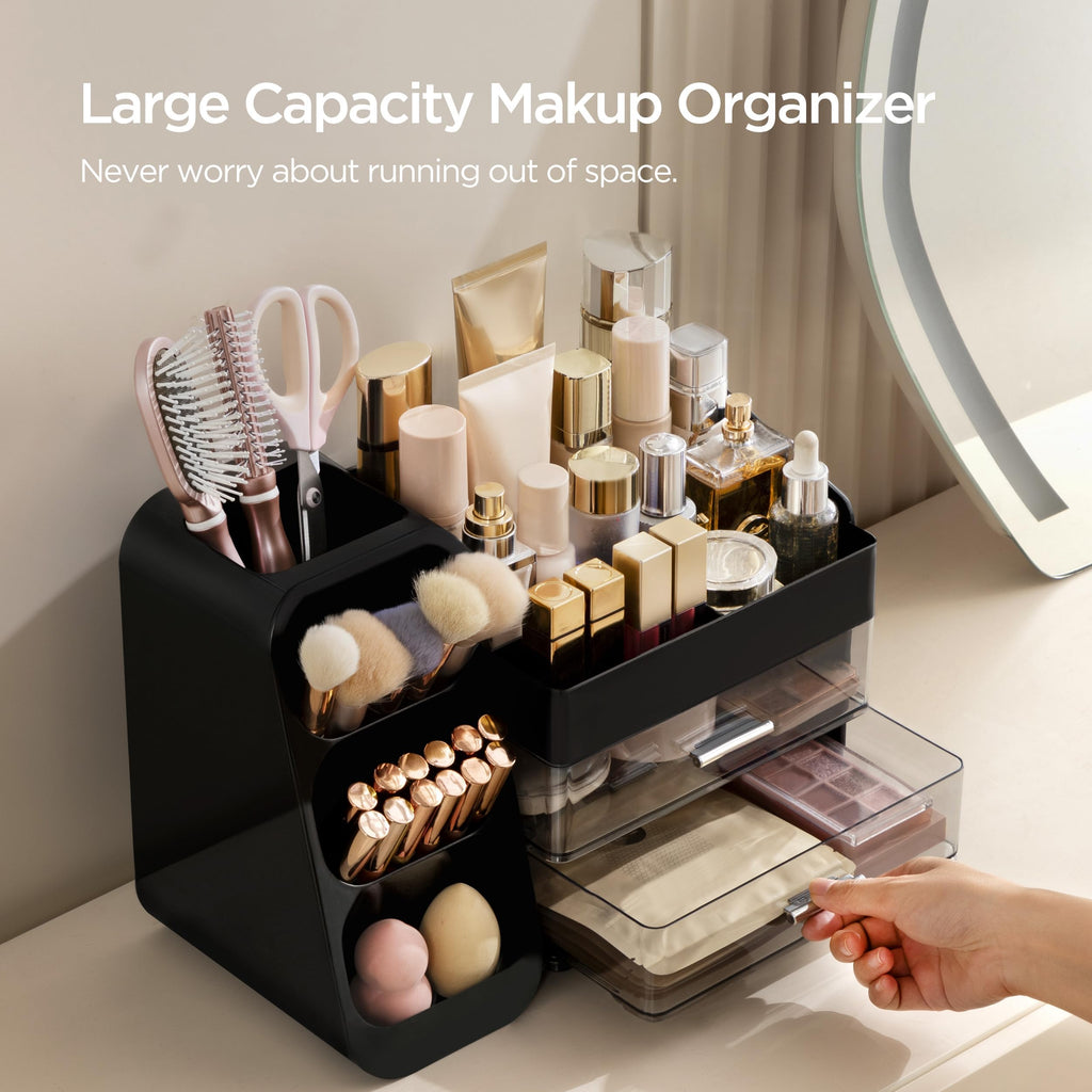 HBlife Makeup Organizer with Brush Holder for Vanity, Large Plastic Bathroom Countertop Organizer Skin Care Storage, Easy to Store Lipsticks, Nail Polishes, Perfumes, Eyeshadow Palettes, All Beige