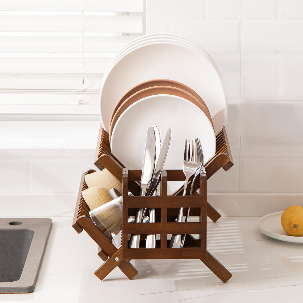 HBlife Dish Rack, Bamboo Folding 2-Tier Collapsible Drainer Dish Drying Rack with Utensils Flatware Holder Set (Dish Rack with Utensil Holder)
