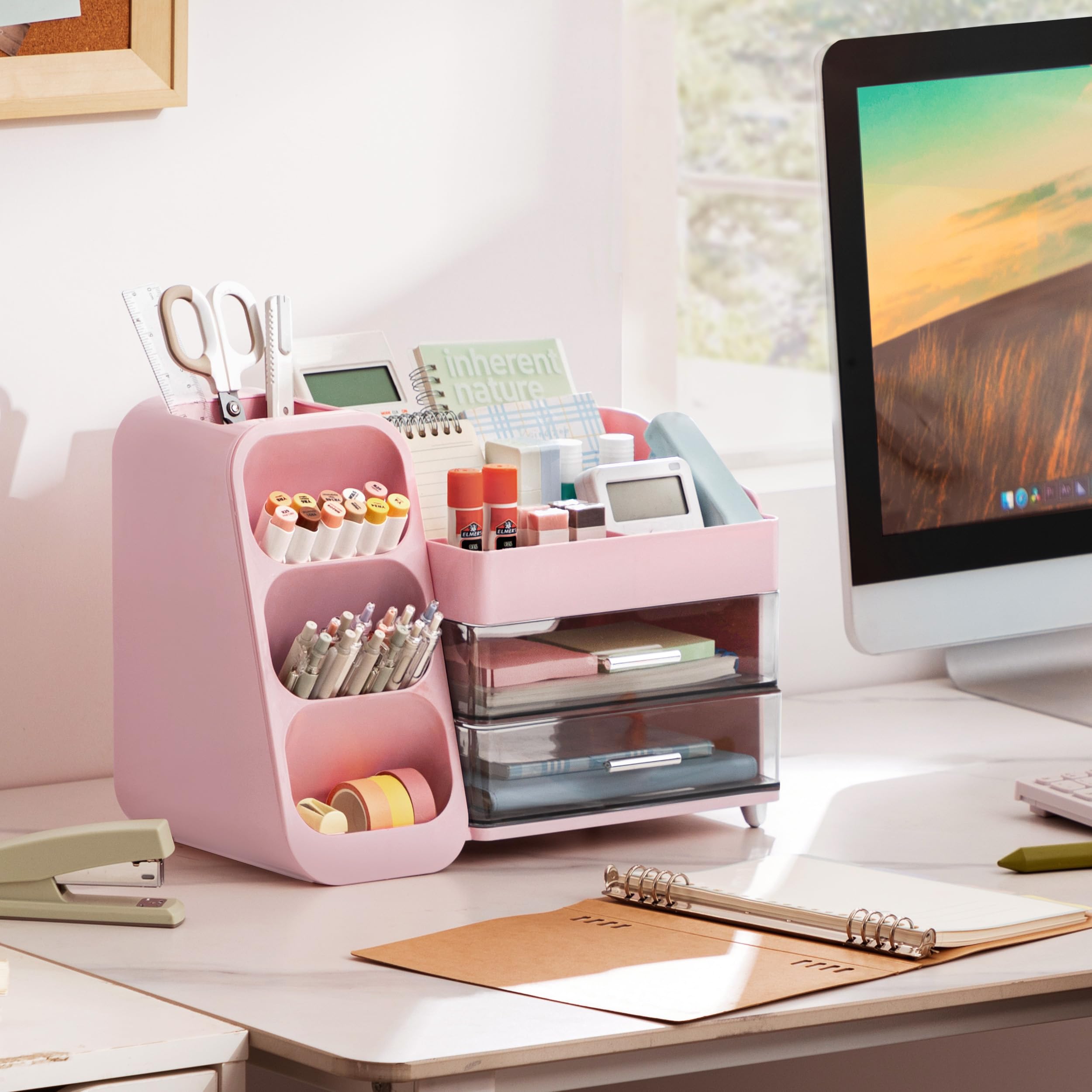 HBlife Desk Organizer with Pen Pencil Holder for Desk, Pen Organizer with 2 Drawers, Desk Organizers and Accessories with 4 Compartments, Desktop Storage for Office Home School Art Supplies, Beige