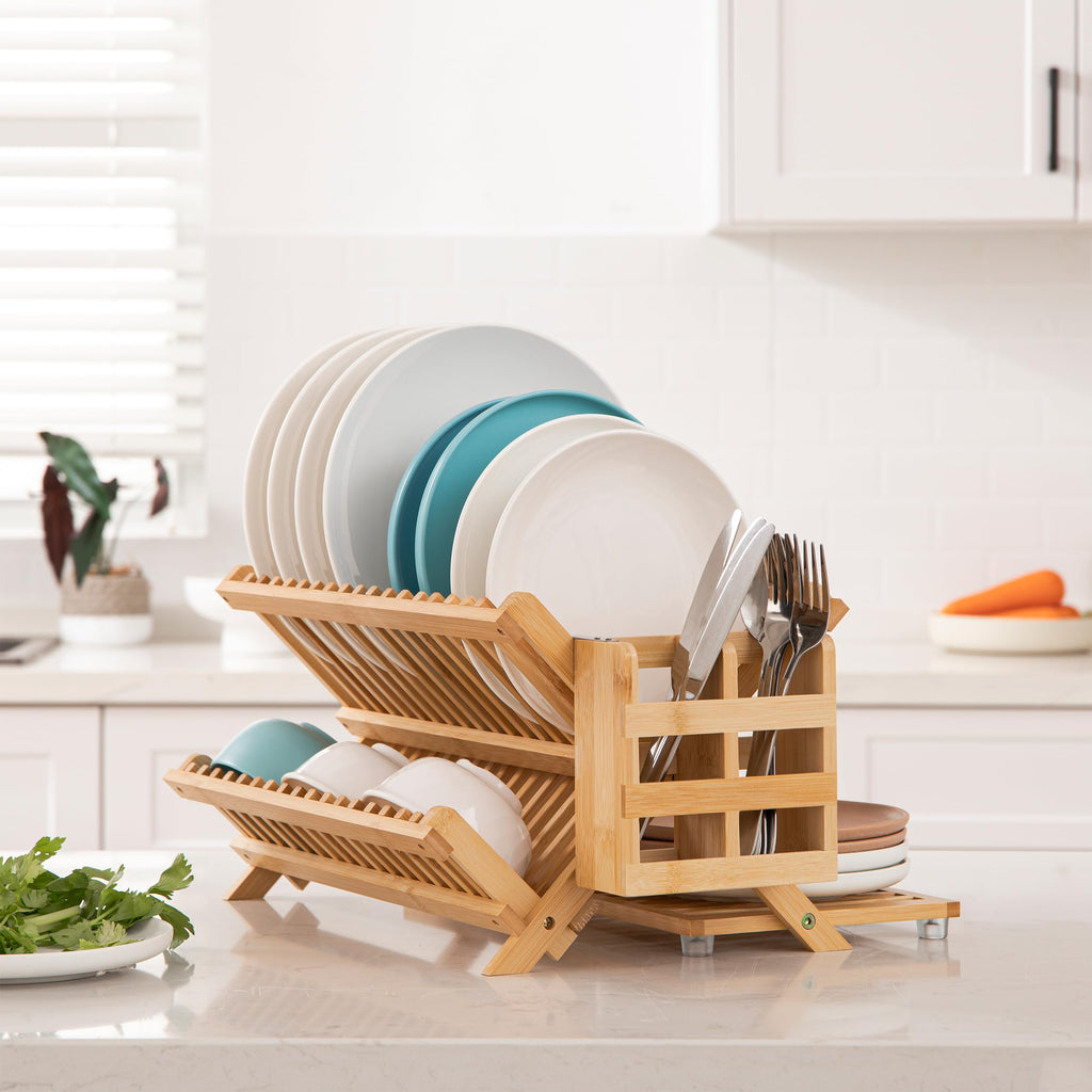 HBlife Dish Rack, Bamboo Folding 2-Tier Collapsible Drainer Dish Drying Rack with Utensils Flatware Holder Set (Dish Rack with Utensil Holder)