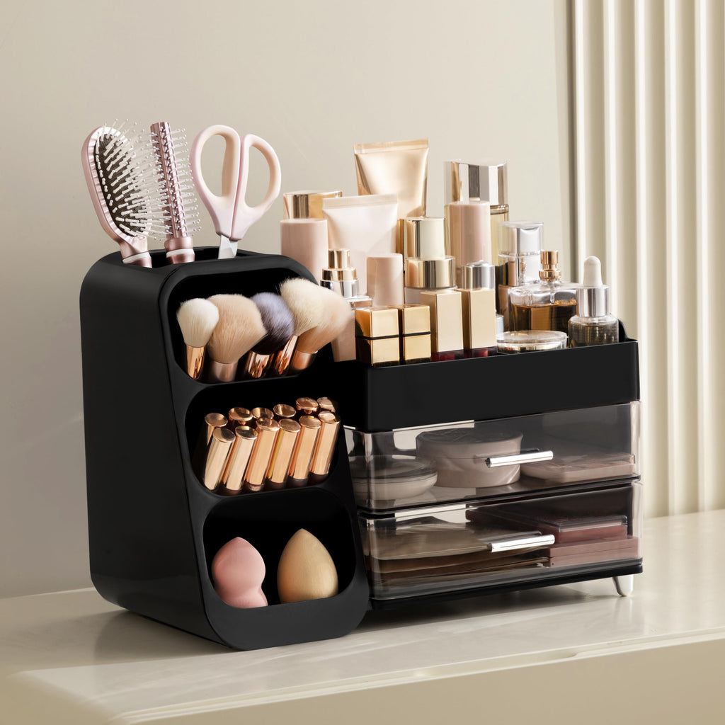 HBlife Makeup Organizer with Brush Holder for Vanity, Large Plastic Bathroom Countertop Organizer Skin Care Storage, Easy to Store Lipsticks, Nail Polishes, Perfumes, Eyeshadow Palettes, All Beige