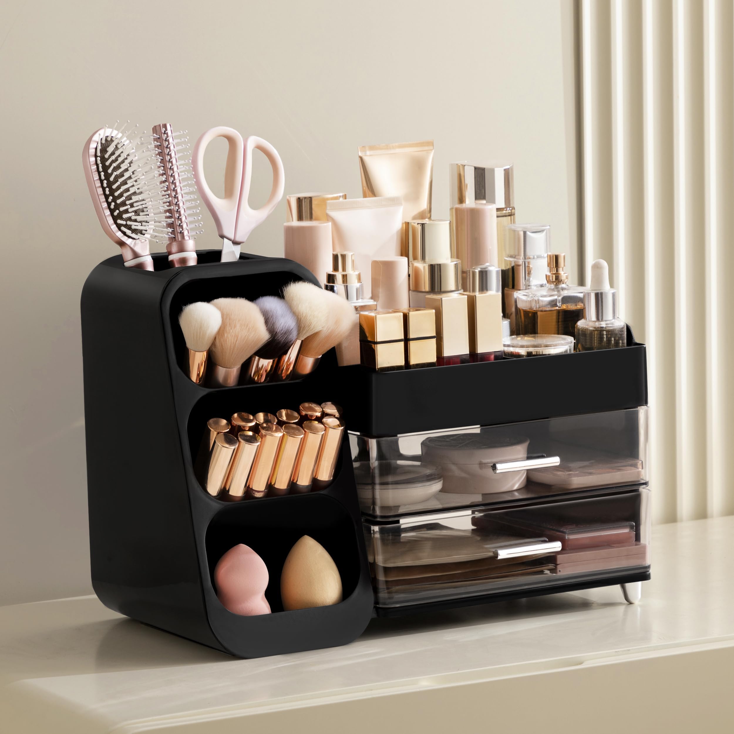 HBlife Makeup Organizer with Brush Holder for Vanity, Large Plastic Bathroom Countertop Organizer Skin Care Storage, Easy to Store Lipsticks, Nail Polishes, Perfumes, Eyeshadow Palettes, All Beige