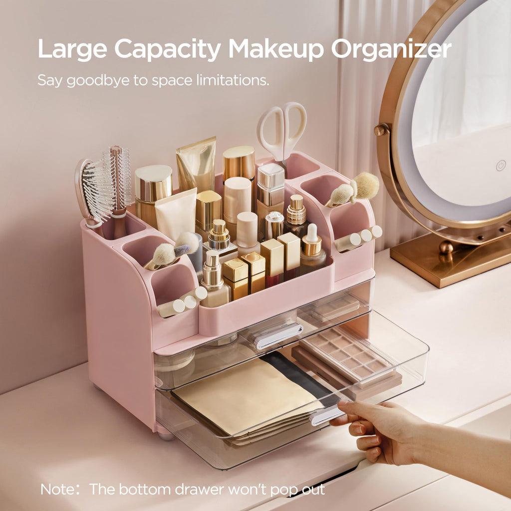 HBlife Makeup Organizer for Vanity with Brush Holder, Large Bathroom Countertop Cosmetic Organizer Skin Care Storage, Easy to Store Lipsticks, Nail Polishes, Perfumes, Eyeshadow Palettes, All White