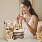 HBlife Makeup Organizer with Brush Holder for Vanity, Large Plastic Bathroom Countertop Organizer Skin Care Storage, Easy to Store Lipsticks, Nail Polishes, Perfumes, Eyeshadow Palettes, All Beige