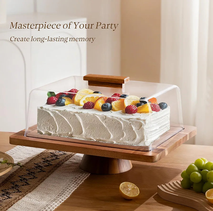 HBlife Cake Stand with Lid , Multifunctional Cake Stand with Acrylic Dome Rectangular Acacia Wood 2-in-1 Cake Plate Display Stand with Cover for Baking Gifts, Birthday Kitchen Parties, Weddings
