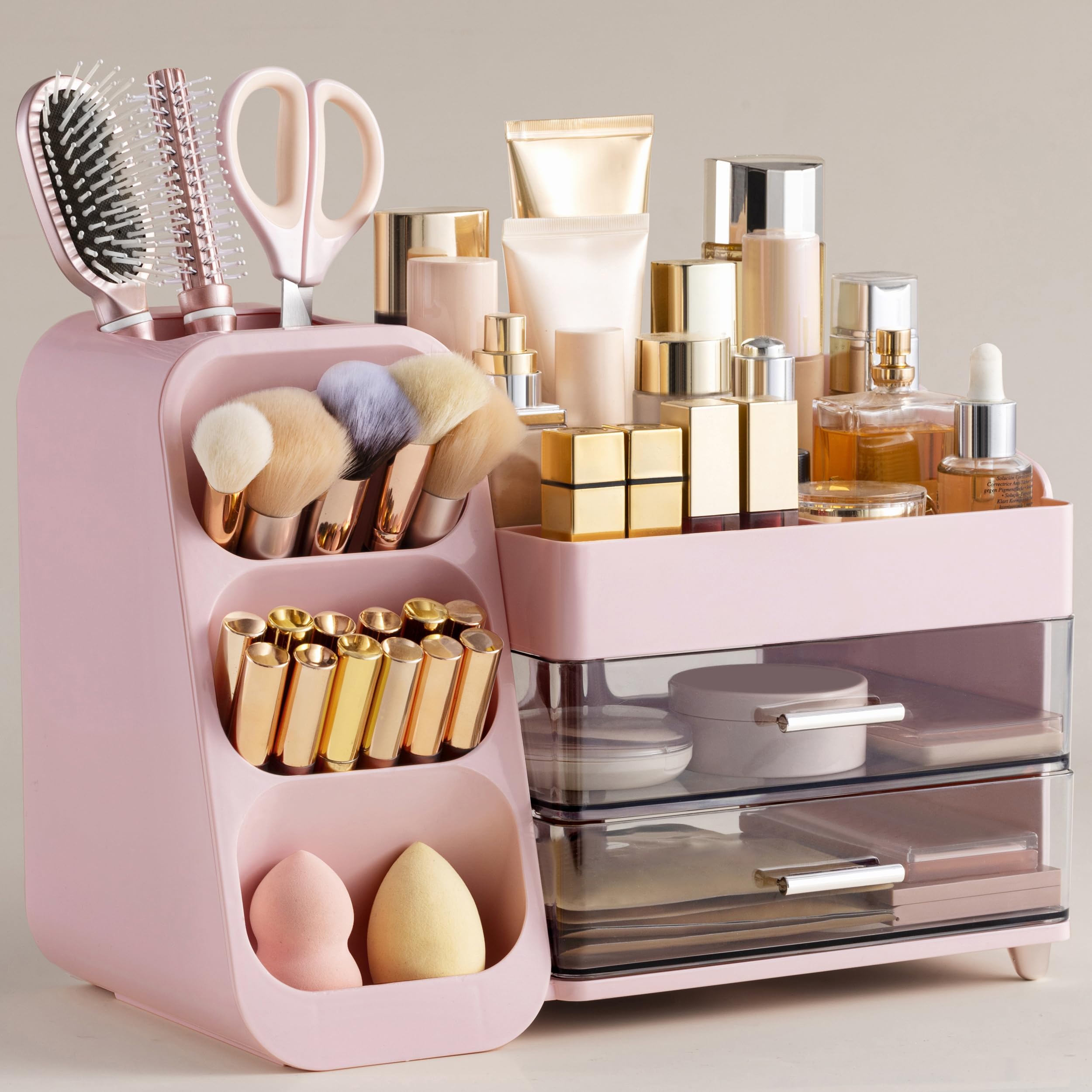 HBlife Makeup Organizer with Brush Holder for Vanity, Large Plastic Bathroom Countertop Organizer Skin Care Storage, Easy to Store Lipsticks, Nail Polishes, Perfumes, Eyeshadow Palettes, All Beige