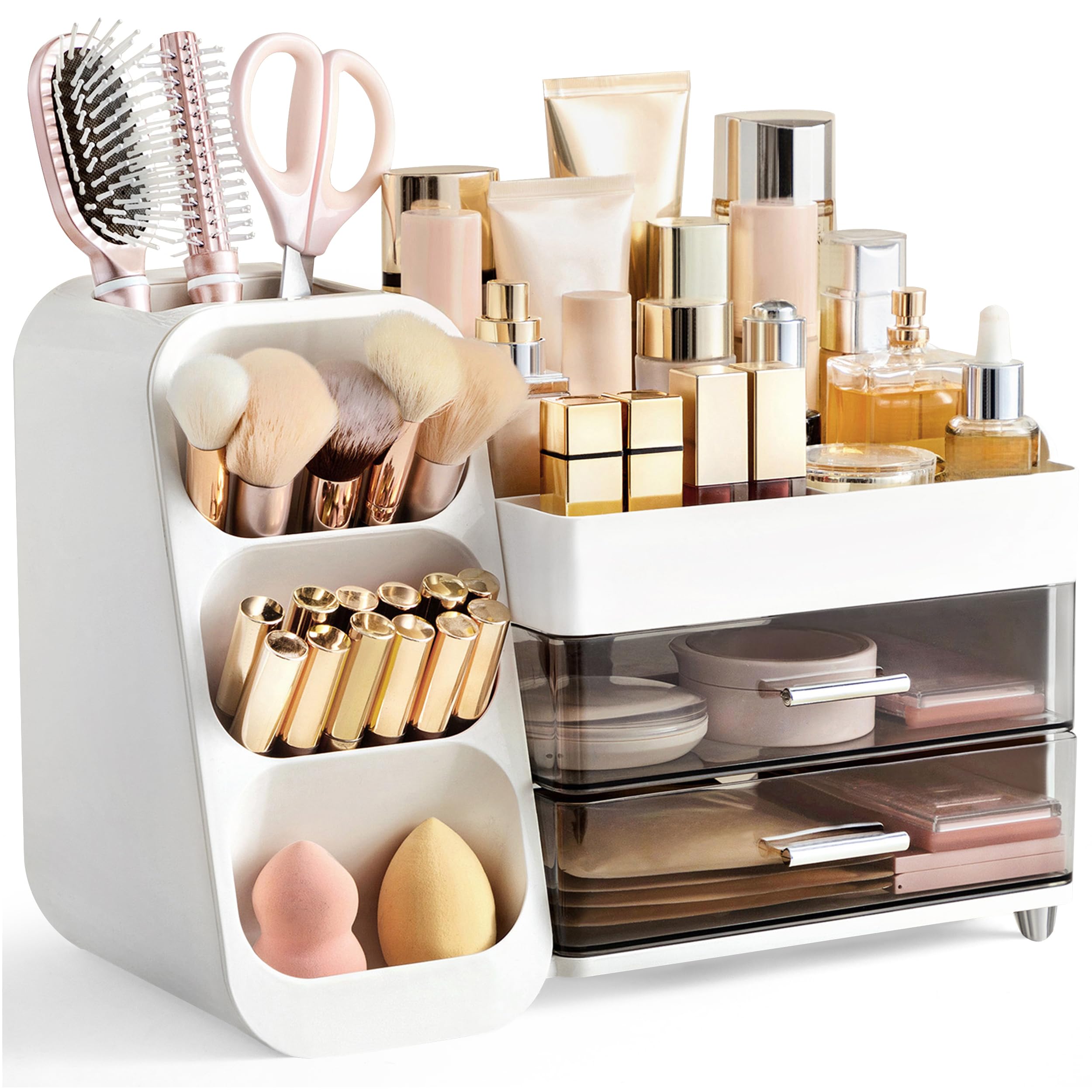 HBlife Makeup Organizer with Brush Holder for Vanity, Large Plastic Bathroom Countertop Organizer Skin Care Storage, Easy to Store Lipsticks, Nail Polishes, Perfumes, Eyeshadow Palettes, All Beige