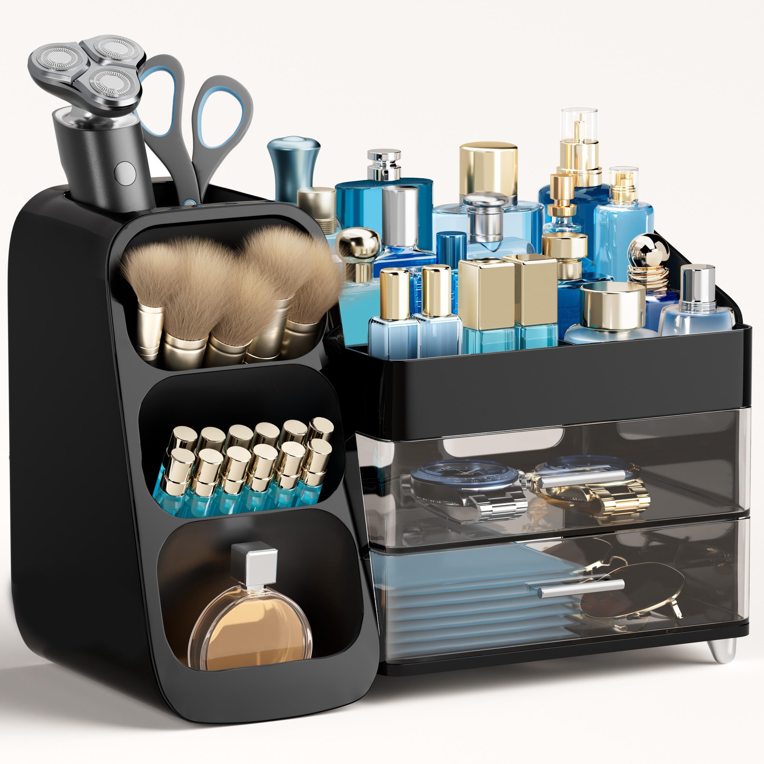 HBlife Makeup Organizer with Brush Holder for Vanity, Large Plastic Bathroom Countertop Organizer Skin Care Storage, Easy to Store Lipsticks, Nail Polishes, Perfumes, Eyeshadow Palettes, All Beige