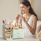 HBlife Makeup Organizer with Brush Holder for Vanity, Large Plastic Bathroom Countertop Organizer Skin Care Storage, Easy to Store Lipsticks, Nail Polishes, Perfumes, Eyeshadow Palettes, All Beige