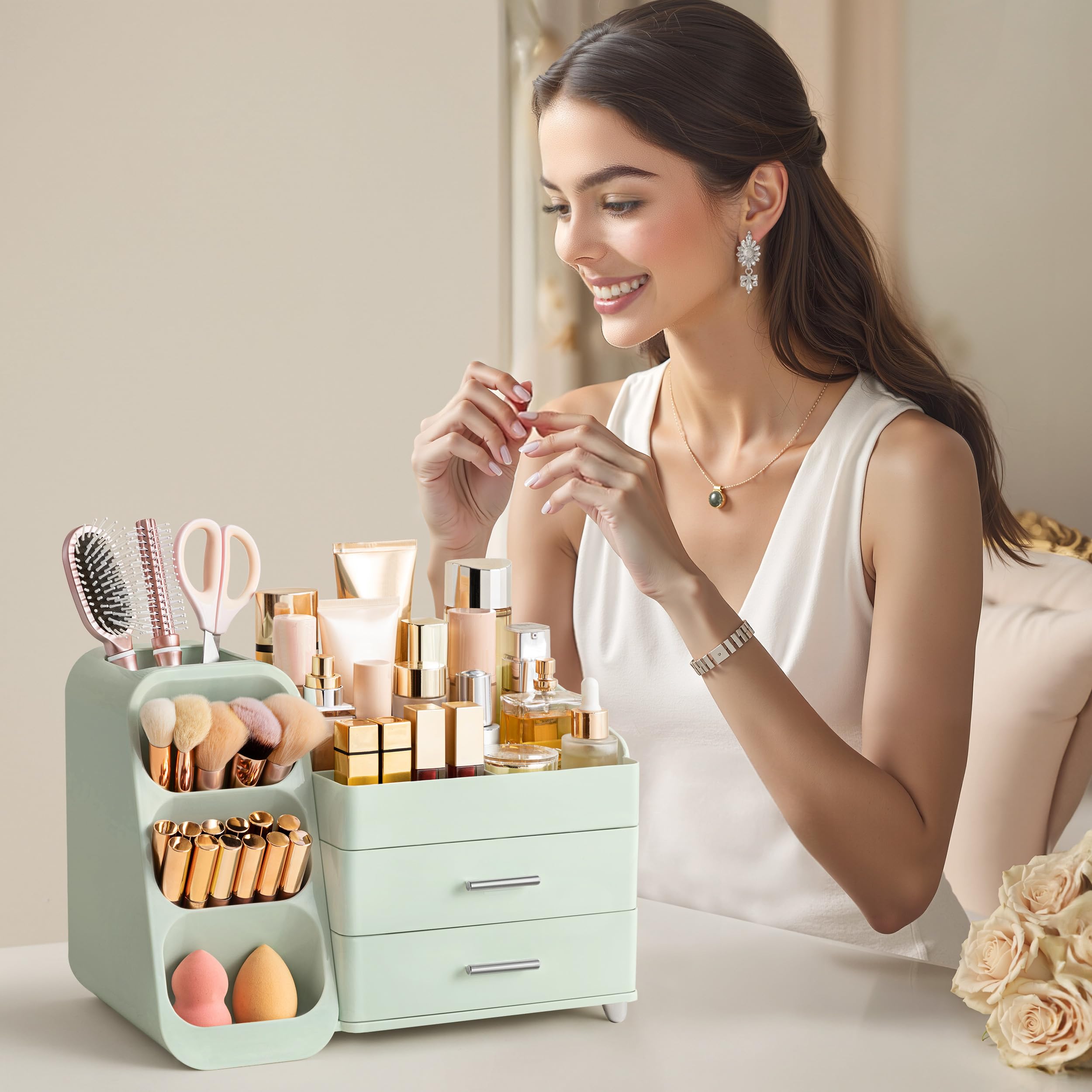 HBlife Makeup Organizer with Brush Holder for Vanity, Large Plastic Bathroom Countertop Organizer Skin Care Storage, Easy to Store Lipsticks, Nail Polishes, Perfumes, Eyeshadow Palettes, All Beige
