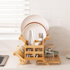 HBlife Dish Rack, Bamboo Folding 2-Tier Collapsible Drainer Dish Drying Rack with Utensils Flatware Holder Set (Dish Rack with Utensil Holder)