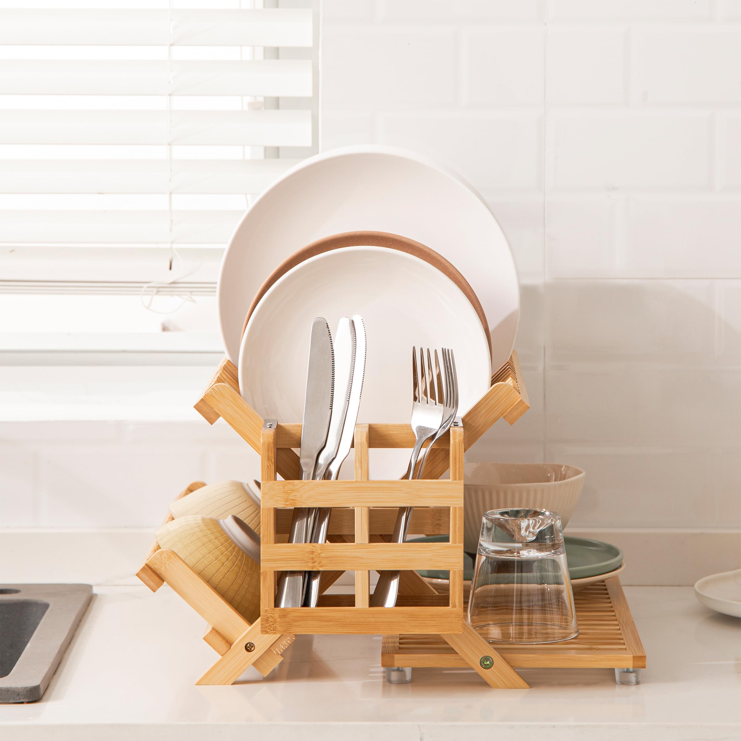 HBlife Dish Rack, Bamboo Folding 2-Tier Collapsible Drainer Dish Drying Rack with Utensils Flatware Holder Set (Dish Rack with Utensil Holder)
